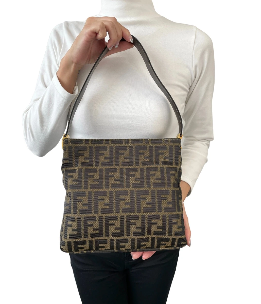 Fendi Zucca monogram canvas & brown leather mini bucket bag pouch