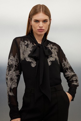 Karen Millen Velvet Applique Satin Woven Top Size 8US - Picture 2 of 5