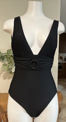 Chelsea 28 Women XS Black Textured Belted One Piece Swimsuit HH - Picture 2 of 7