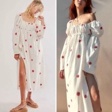 New! Free People Floral Emory Embroidered Sun Midi Dress white red, size S