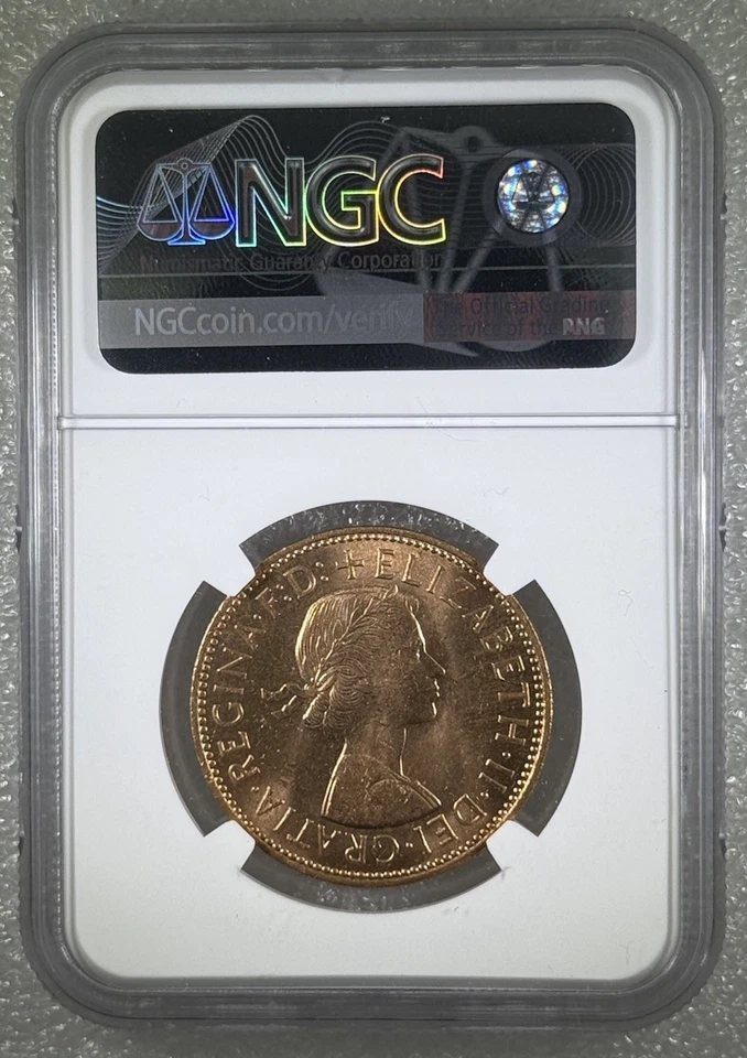 1966 GREAT BRITAIN BRITANNIA LARGE COPPER PENNY NGC MS64 RD LOW MINTAGE - Image 2 of 3