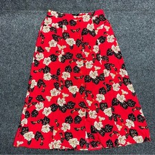 Vintage Womens Skirt Sag Harbor PS Red Floral Tropical Hibiscus Button Front