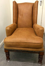 Brown Leather Wingback Chair Stud Detailing Dark Wood Legs Fully Assembled