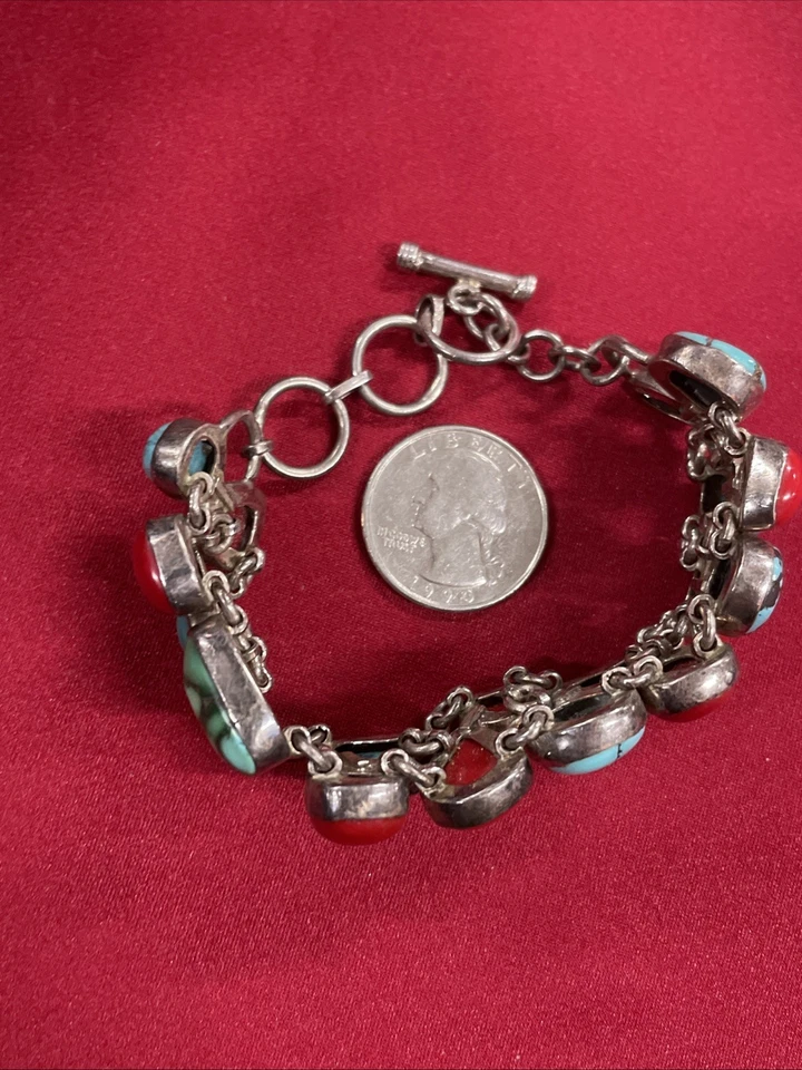 "Brazalete de plata de ley con piedras preciosas de coral azul turquesa y rojo 8""" Foto 4 de 4