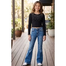 New Gap Organic Cotton Cropped Graphic Sequin Long Sleeve T-Shirt Girl's Size 10
