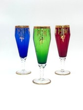 Vtg Bohemian Wine Flutes Ruby, Emerald & Sapphire w/Gold Trim Clear Stems 7"