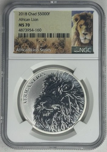 2018 Chad African Lion 1oz .999 Silver Coin 5000 Francs NGC MS 70- Spots/Milky
