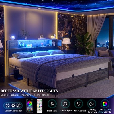 King/Queen/Full LED Bed Frame Noise-Free Metal Frame w/ Headboard & Power Outlet
