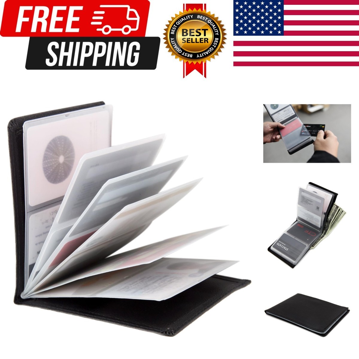 wonder wallet insert card sleeves RFID Blocking Leather Wallet Holds up to 24 Cards fold wallet inserts can hold 2 cards or 2 photos per page when put front to back ALLmuis Amazing Men and Women