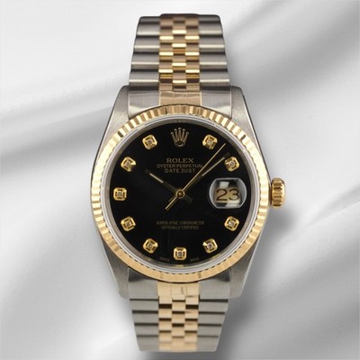 Rolex Datejust 36mm Yellow Gold Fluted Black Diamond Dial Jubilee Watch 16013