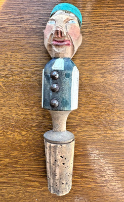 Flaschenverschluss geschnitzt Holzfigur Korken Volkskunst bemalt Figur Vintage