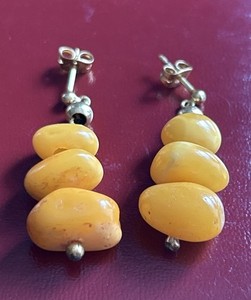 Authentic Vintage Amber Egg Yolk Drop Earrings/ Gold Plated