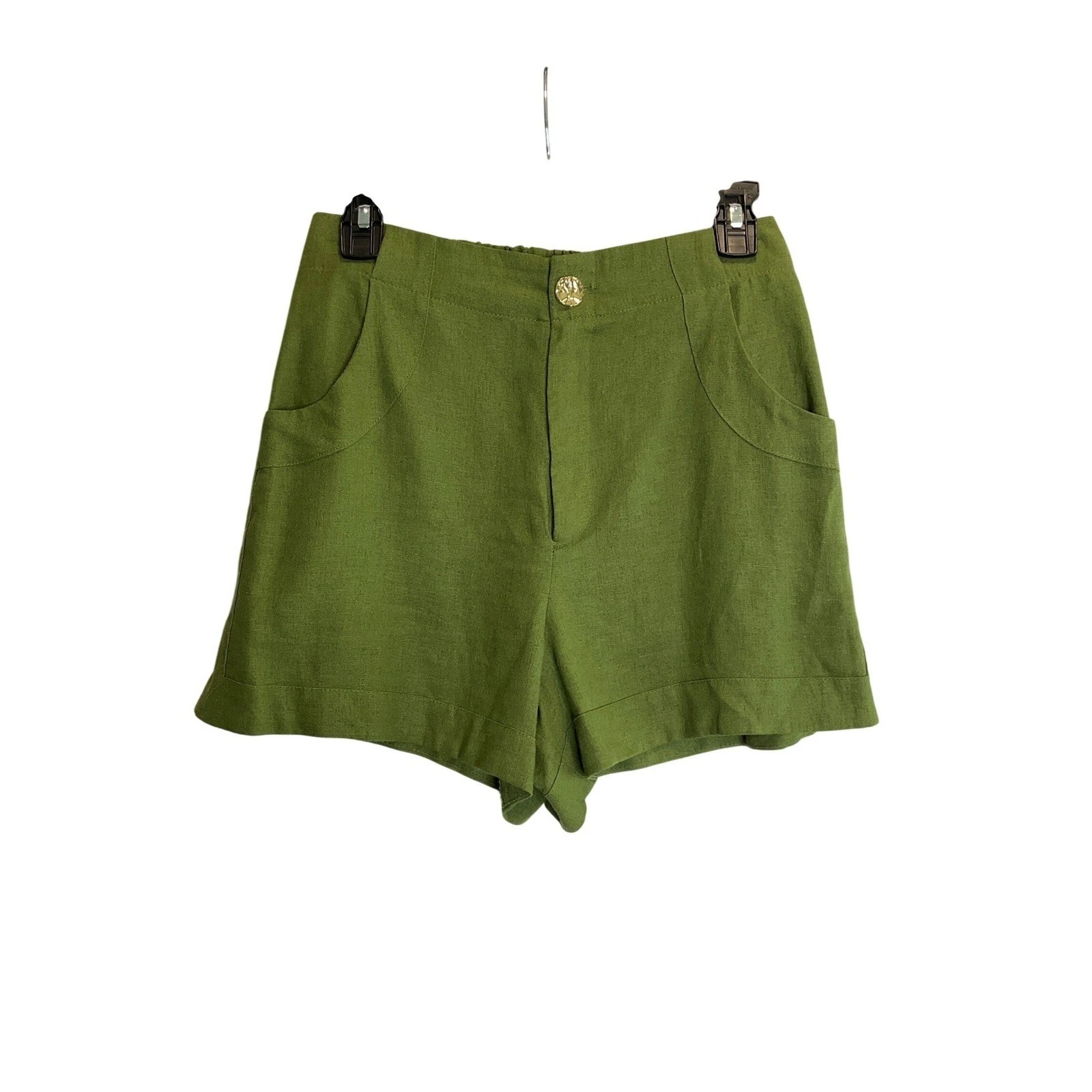 House of Harlow 1960 Shorts Linen Blend Green High Waist Pockets Gold Button S