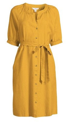 Time and Tru Women s Yellow Shirt Dress M V-Neck Knee Cotton Button Front Belted