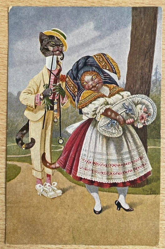 ARTHUR THIELE dressed Cat Cats Couple with KITTEN original pc 1922 - image 2 of 4