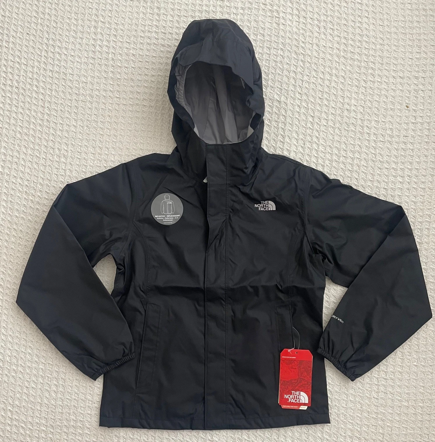 North Face Girl Dryvent Resolve Reflective Waterproof Windbreaker Hoodie Black-S