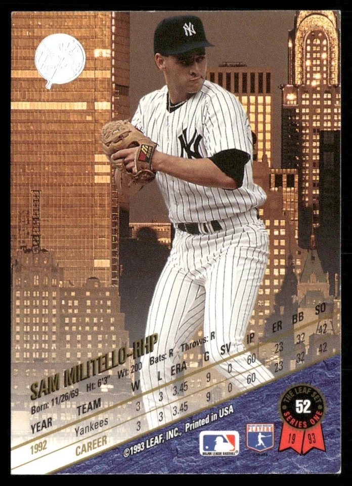 1993 STADIUM CLUB SAM MILITELLO NEW YORK YANKEES #11 - Image 2 of 2