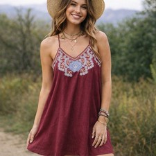 Blue Rain Slip Dress Maroon Periwinkle Embroidered Boho Hippie Indie Lined M