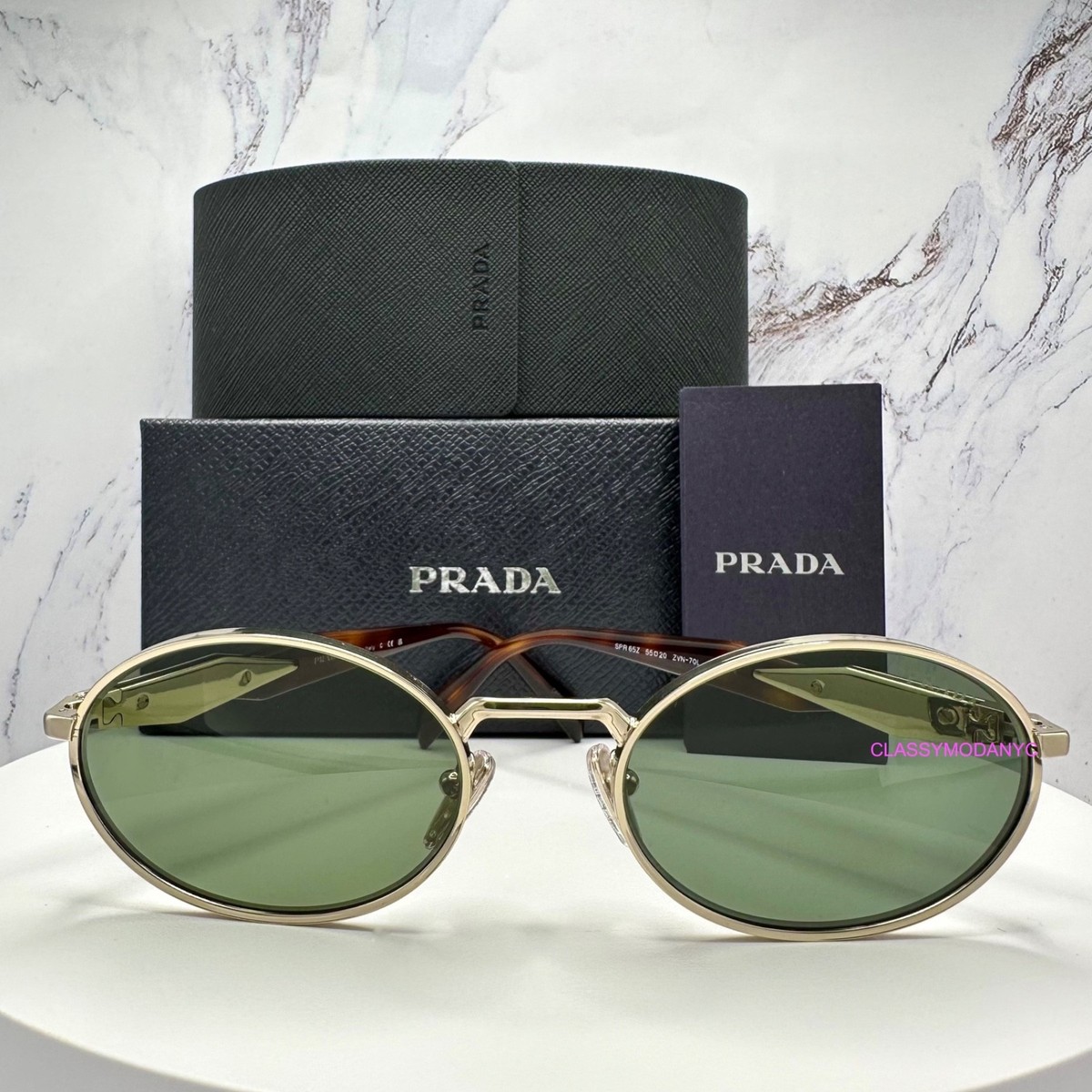 PRADA Sunglasses Gold Oval Round Symbole Metal Frame Green Lens