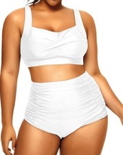 Daci Plus Size Bikini High Waisted 2Pc Swimsuit w/Ruched Tummy Control White XXL