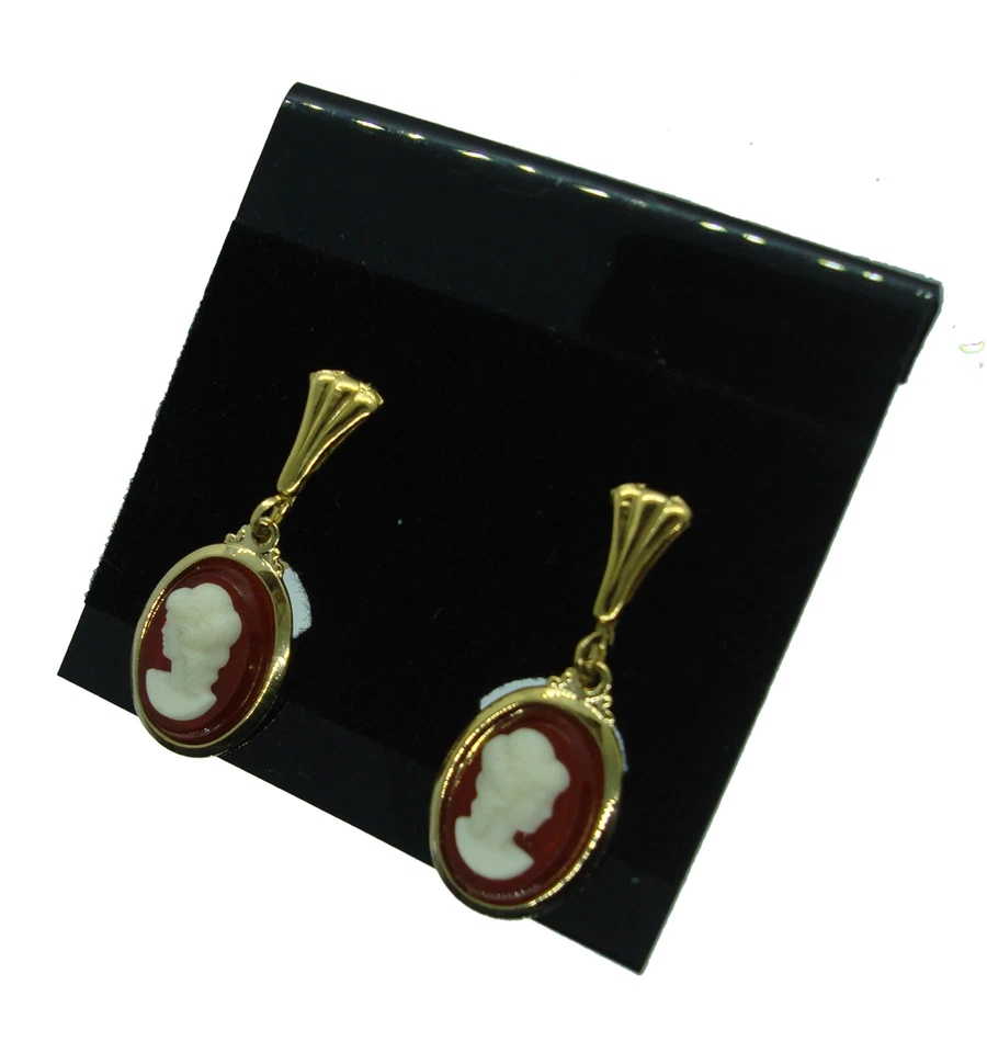 Gold Tone Red White Cameo Woman Oval Dangle Clip On Earrings 1 1/4" - Image 4 of 4