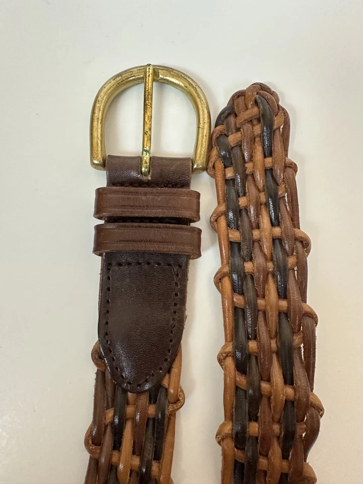 Vintage 90s Leather Belt Womens Small Woven Brown Earth Tone Minimalist Preppy - Image 2 of 4