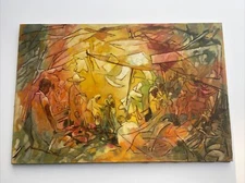 Mid Century Painting Large Modernist Mexico Expressionist Village Abstract 36”