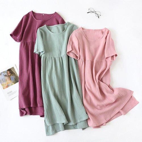Damen Nachtkleid Nachtwäsche Gaze Baumwolle Nachthemd Schlafshirt Loungewear - Bild 1 von 28
