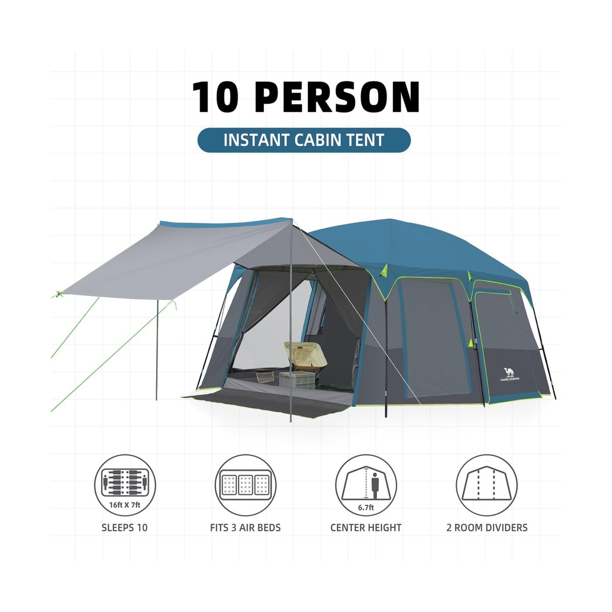 CAMEL CROWN Camping Tents 10 Person Family Cabin Tent with Doors and 
