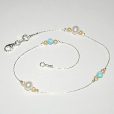 Freshwater Pearls, Opal & Gold Filled Beads 925 Sterling Silver ANKLET Your size