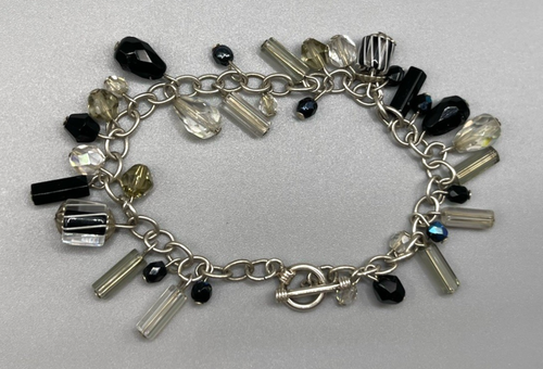 925 Sterling Silver Glass Bead Charm Chain Bracelet Toggle 7.5" L 15.6 gr - Picture 4 of 4