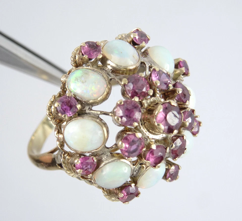 SOLID 14K GOLD 1.6TCW RUBY & 2TCW OPAL CLUSTER BALLERINA COCKTAIL RING sz 7.25 - Image 2 of 4