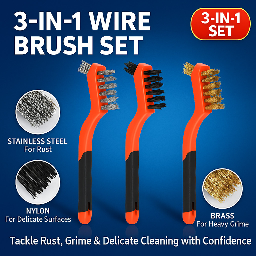 3Pcs Wire Brush Set for Rust Paint Metal Cleaning – Brass Nylon Steel 7 Inch