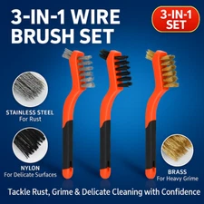 3Pcs Wire Brush Set for Rust Paint Metal Cleaning – Brass Nylon Steel 7 Inch