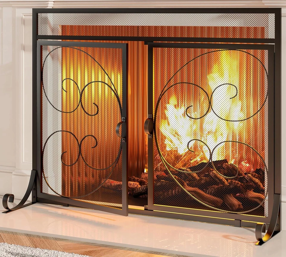 Chimenea Plana Pantalla Puertas Bisagras Artesanal Hierro Forjado Pergamino Clásico Foto 3 de 4