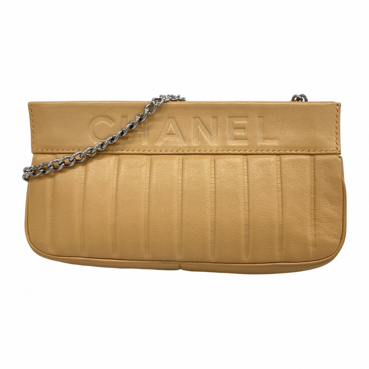 CHANEL Lambskin Beige Handbag with Silver Hardware Preowned 5ga0502h