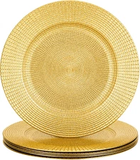 13" Glitter Gold Charger Plates, Shiny Square Grid Chargers for Dinner Plates, G