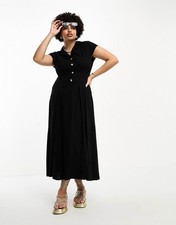 ASOS DESIGN Curve Black Solid Button-Front Collared Long Dress Cap Sleeve 16
