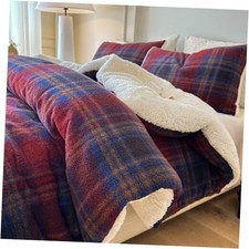 Plaid Sherpa Comforter Set 3Pcs Fluffy Warm Fleece Queen 90"x90" Red Blue
