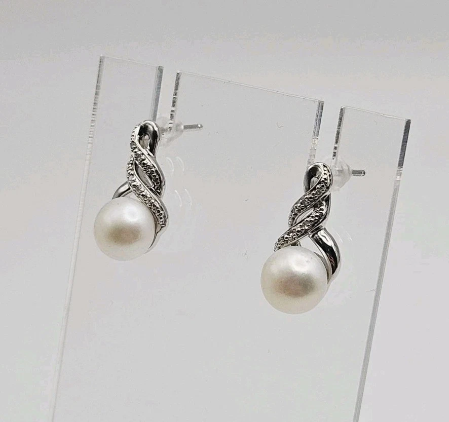 Regina Lane RL Sterling Silver Pearl & Diamond Twist Dangle Earrings - Image 3 of 4