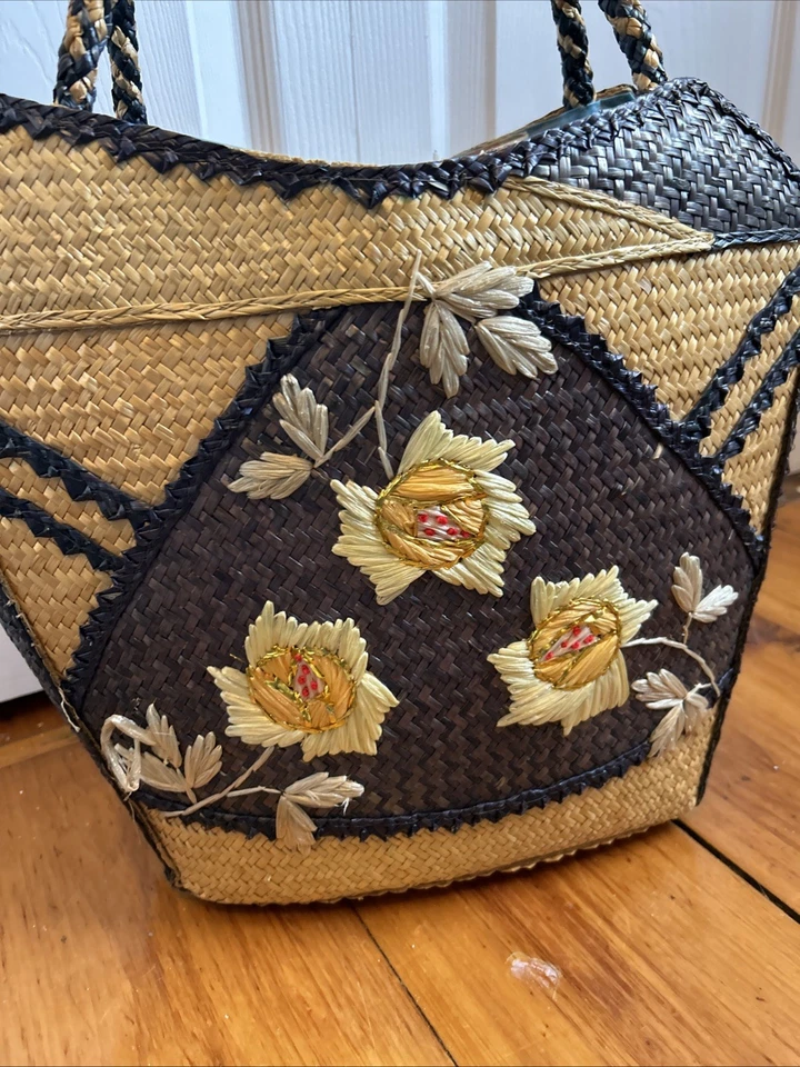 复古 60 年代花卉编织草袋托特包钱包 — 第 2/4 张图片