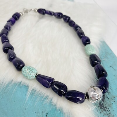 Navajo Pearl Turquoise Amethyst Sterling Silver Chunky Gemstone 925 Necklace