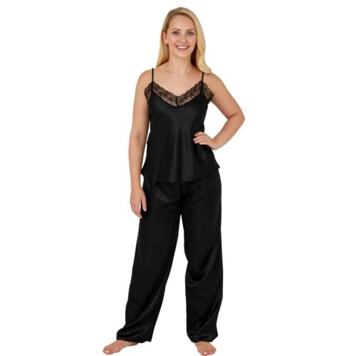 Ladies Sexy Black Long Satin Chemise PJs Pyjamas Set Nightdress Slip PLUS SIZE - Picture 11 of 11