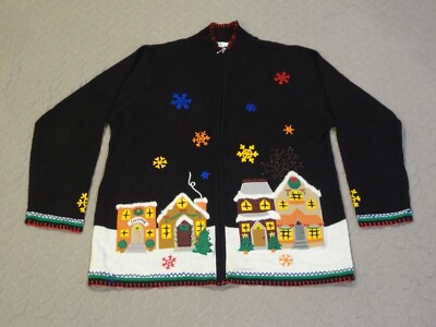 VTG Women's Quacker Factory Christmas Town/Shoppe Zip-Up Sweater Size L