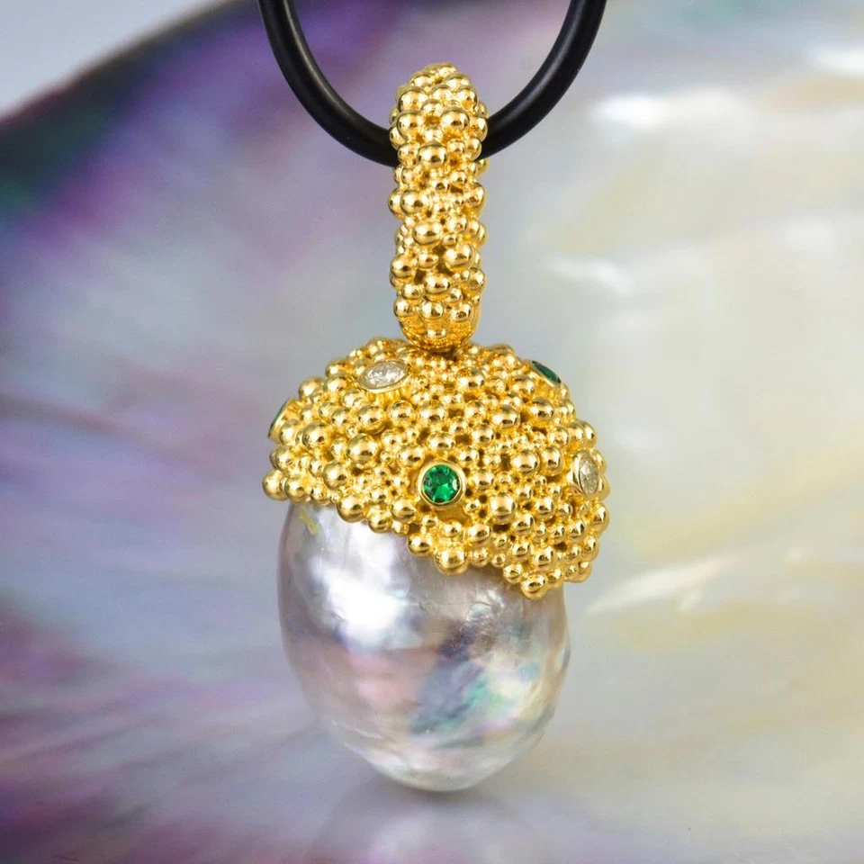 Gigantische South Sea Pearl Pendant Gold Vermeil Sterling, Diamant Smaragd - Bild 4 von 4