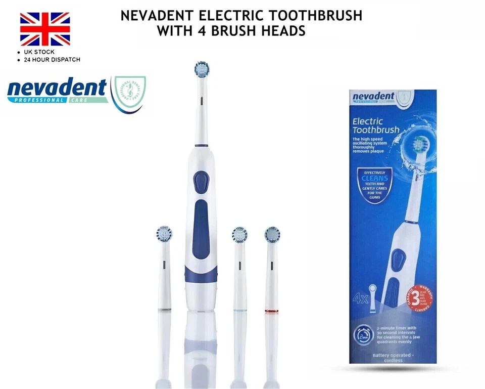 Nevadent Electric Cordless toothbrush with 4 brush heads, **BRAND NEW**, SEALED