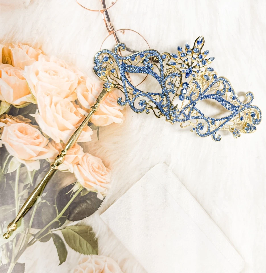 Blue Crystal Masquerade Mask with Stick, Gold Masquerade Mask, Venetian Mask - Image 2 of 4