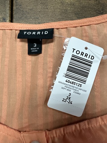 TORRID Papaya Seersucker Button Front Puff Sleeve Crop Top sz 3 NWT - Picture 6 of 7