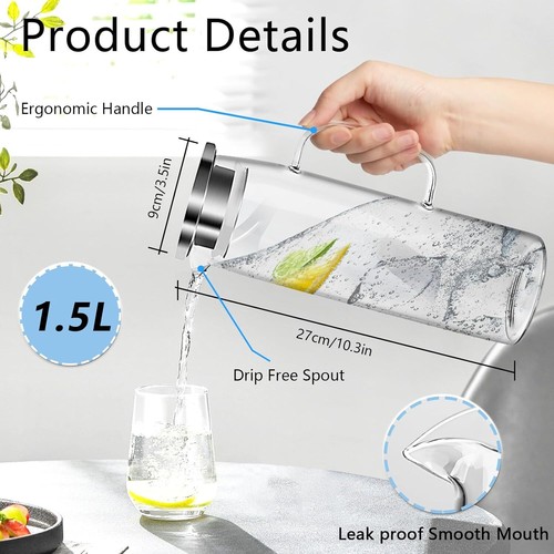 1,5L Glas Wasserkaraffe Wasserkrug Kühlkaraffe Glaskaraffe Wasserkanne für Saft - Bild 12 von 12