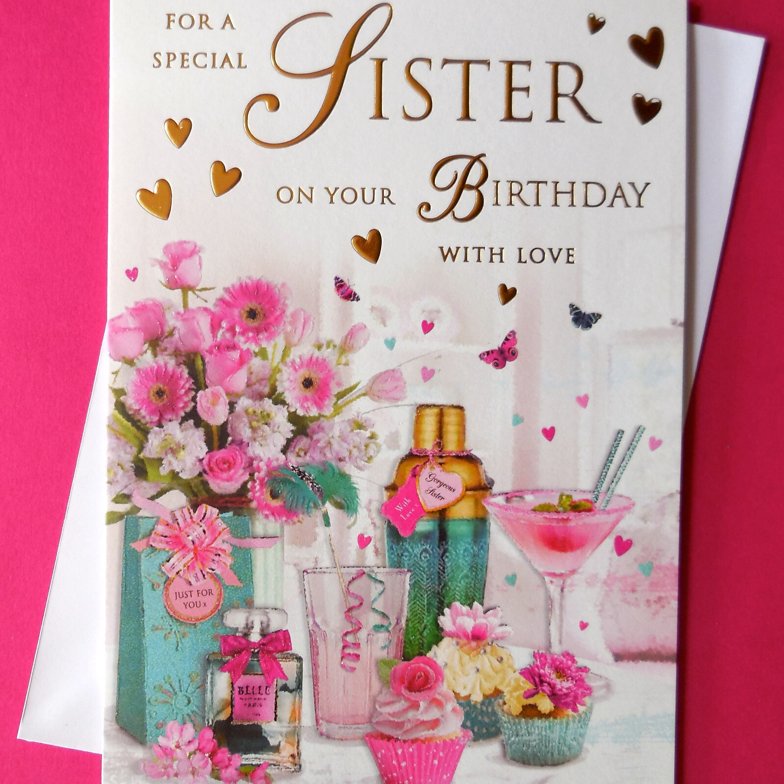 SISTER Birthday Card 9""x6"" Cocktails Cupcakes Special Message Nice Verse Wordy